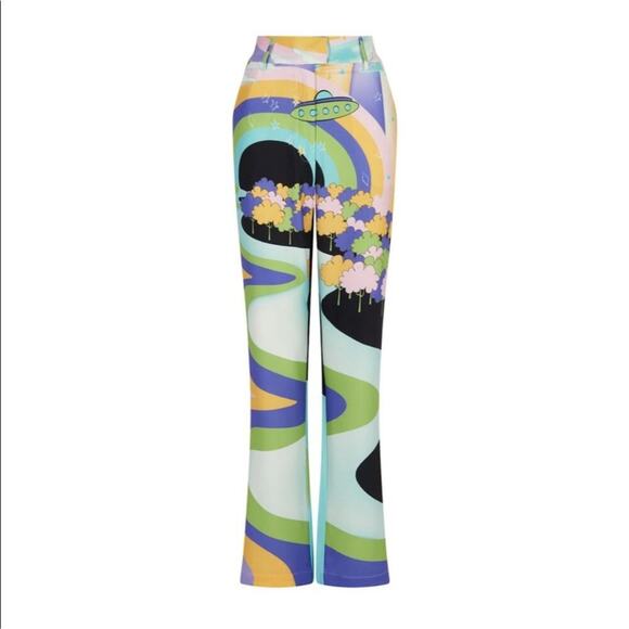House of Sunny Nice to Meet You Pant Multicolor UFO Print Trousers Size US 2 NWT - Picture 2 of 16